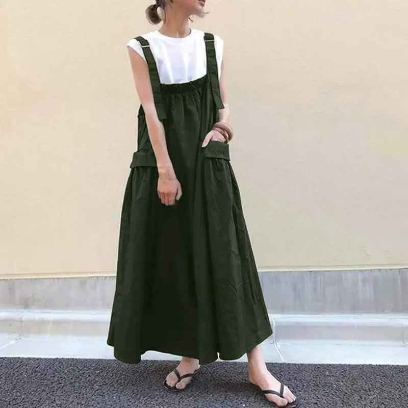 Damenmode-Hosenträgerkleid mit langen Trägern, großen Taschen und Overknee-Taschenträgern, Midi-Kleider für Frauen, Robe Femme
