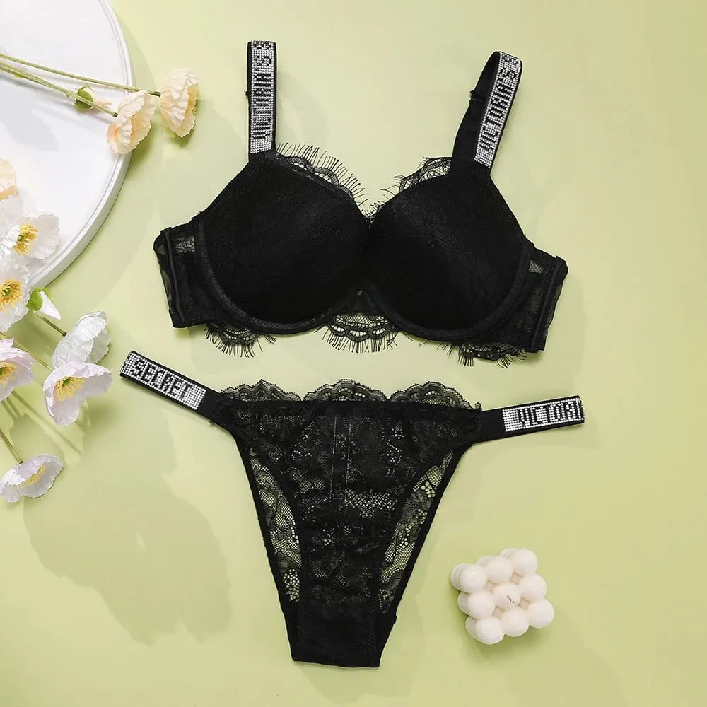 Victoria Secret Sexy Lingerie Set Very Sexy Eyelash Lace Fringe Trim Push Up Bra Shine Script Thong Panty Women — image 2