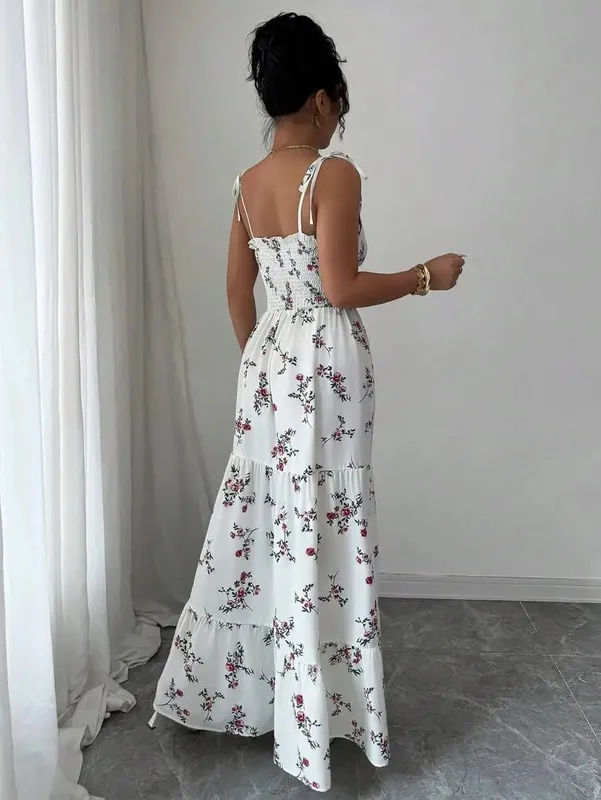 Women's Ditsy Floral Ruffle Hem Sleeveless Dress Vacation Appropriate Casual Maxi Gown for Spring/Summer