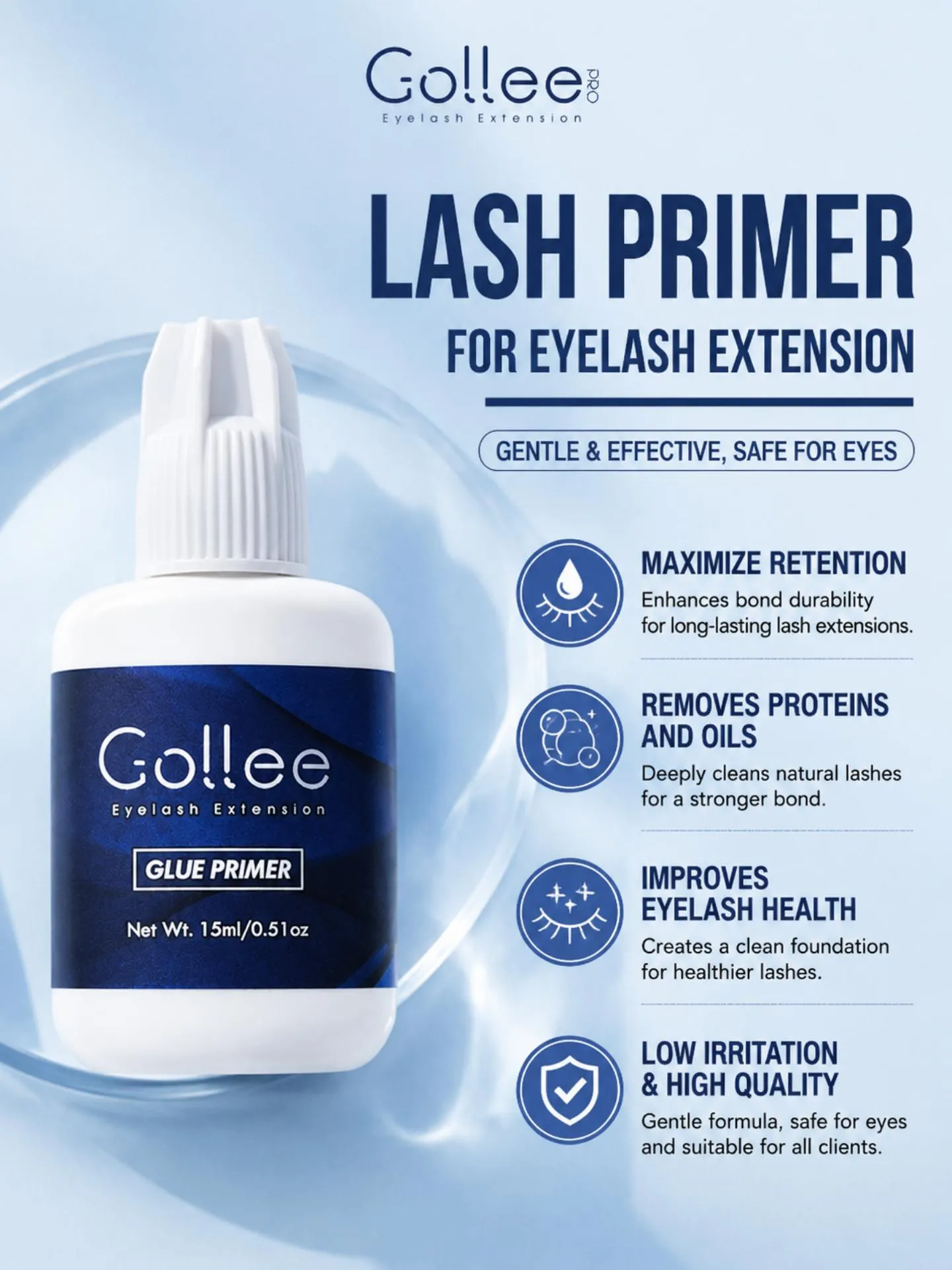 Gollee Eyelash Extension Glue Kit Lash Primer 3-in-1 Thin Fast Drying 5ml Glue 15ml Primer 200pcs Wipes Lash Tech Salon Set