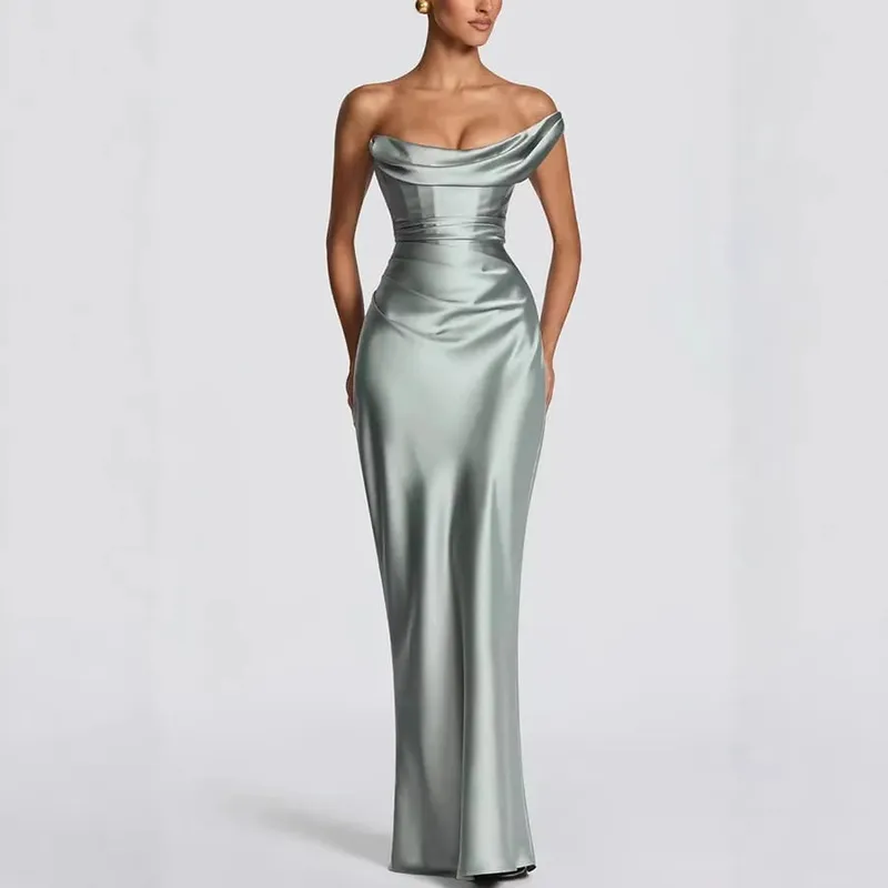 New One Shoulder Satin Women 's Maxi Dress Cowl Neck Ruched Waist Bodycon Dresses Summer Woman Formal Evening Party Vestidos