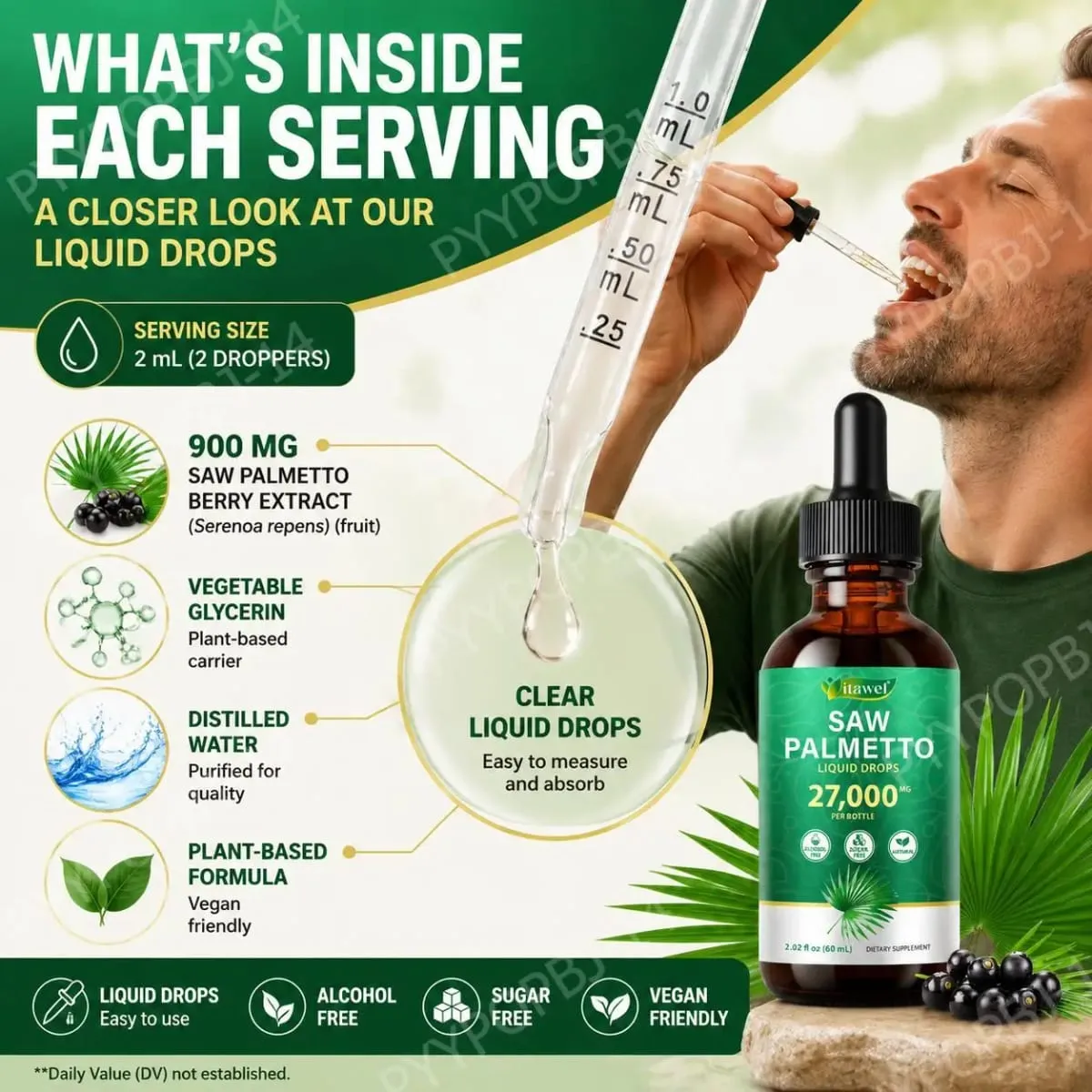 Itawel Saw Palmetto Liquid Drops Prostate Health Support Urinary Function Support GMO Free Paraben Free Sugar Free Vegan 60 ML