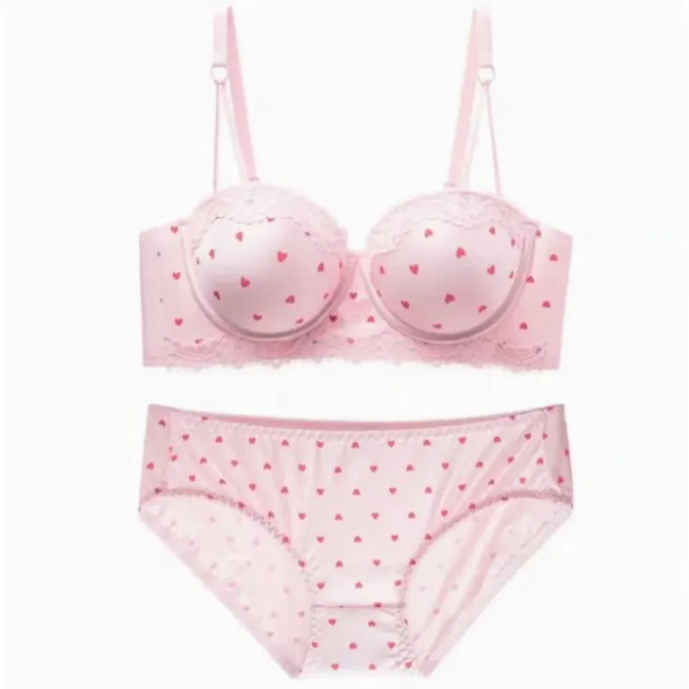 Sweet Girl Heart Lace Lingerie Set Push Up Bra For Small Bust Side Support Anti Sag Underwire Bra Briefs Soft Daily Wear 32-38AB