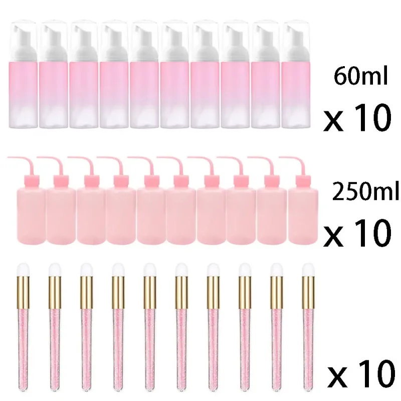 60ml Refillable Leakproof Empty Foam Mousse Pump Bottles Lash Extension Cleansing Kit Soft Brush 250ml Rinse Bottle Beauty Tools
