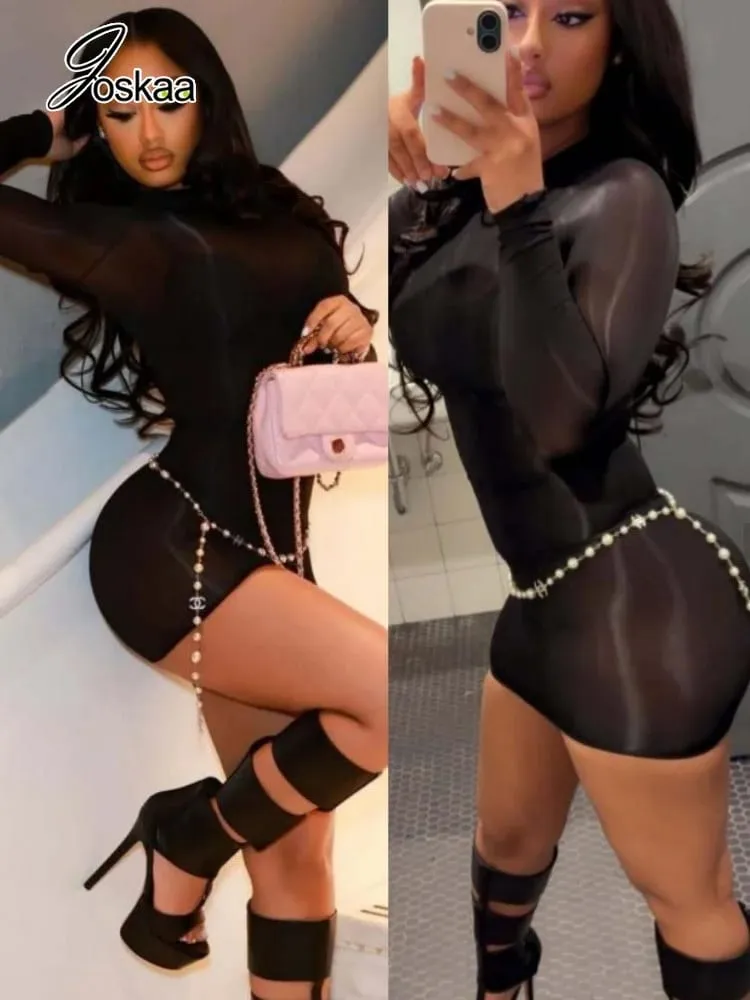 Joskaa Transparent Stretch Seamless Shiny Lingerie Dress Long Sleeve Tight Bodycon Pencil Skirt Nightwear Ntimate Night Dress