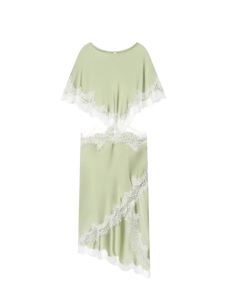 Women's Lace Trim Dress Cloak Sleeve Asymmetric Hem Cut Out Mini Dress Elegant Street Fashion Casual O Neck Dresses