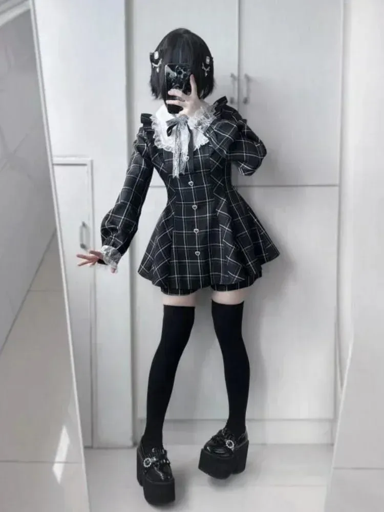 اليابانية الجنية الحلو الدانتيل المرقعة منقوشة فستان المرأة Kawaii الجرونج تكدرت كم طويل فساتين Y2k الجمالية JK لوليتا فيستدوس — image 1