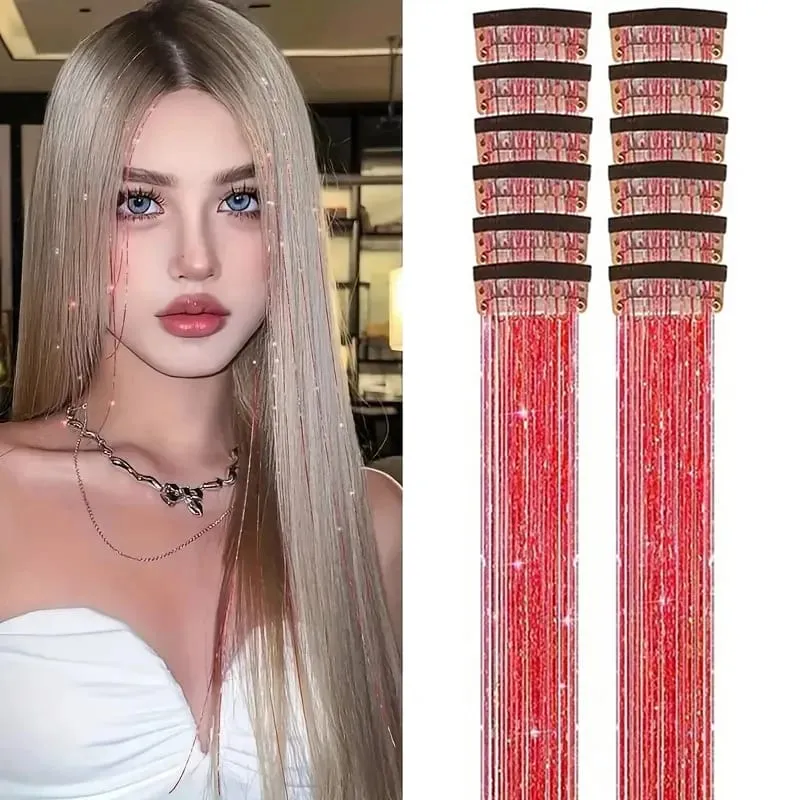 12 Pcs Colorful Clip in Hair Tinsel Extensions Fairy Glitter Hair Accessories synthetic 20‘’ Party Kit for Women Girls Kids