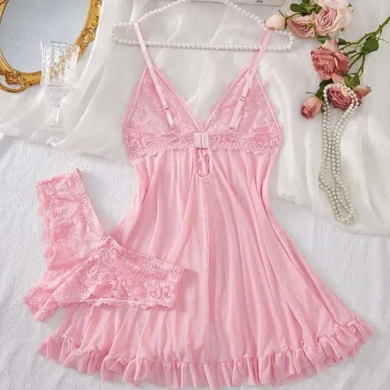 Women's Sexy Lace V-Neck Babydoll Lingerie Set 2 Piece Soft Nightdress with Panty Sleepwear for Honeymoon S-XL