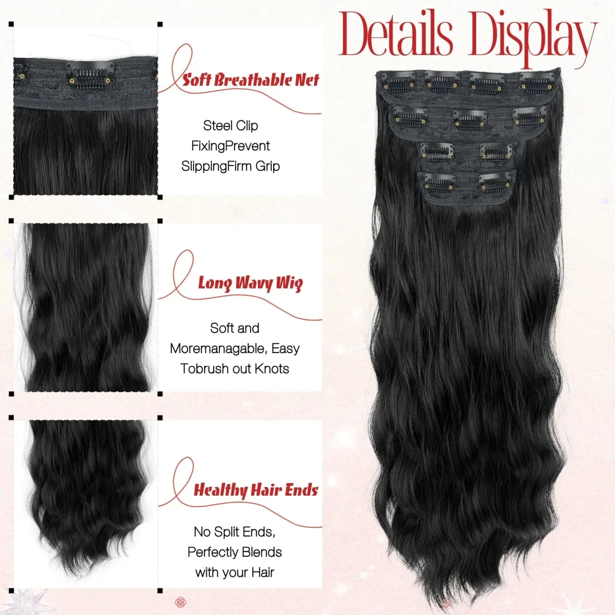 4-Piece Set Women's Synthetic Clip-in Wig Extensions Long Wavy Thick Clip-in Wig Pieces Voluminous Wig