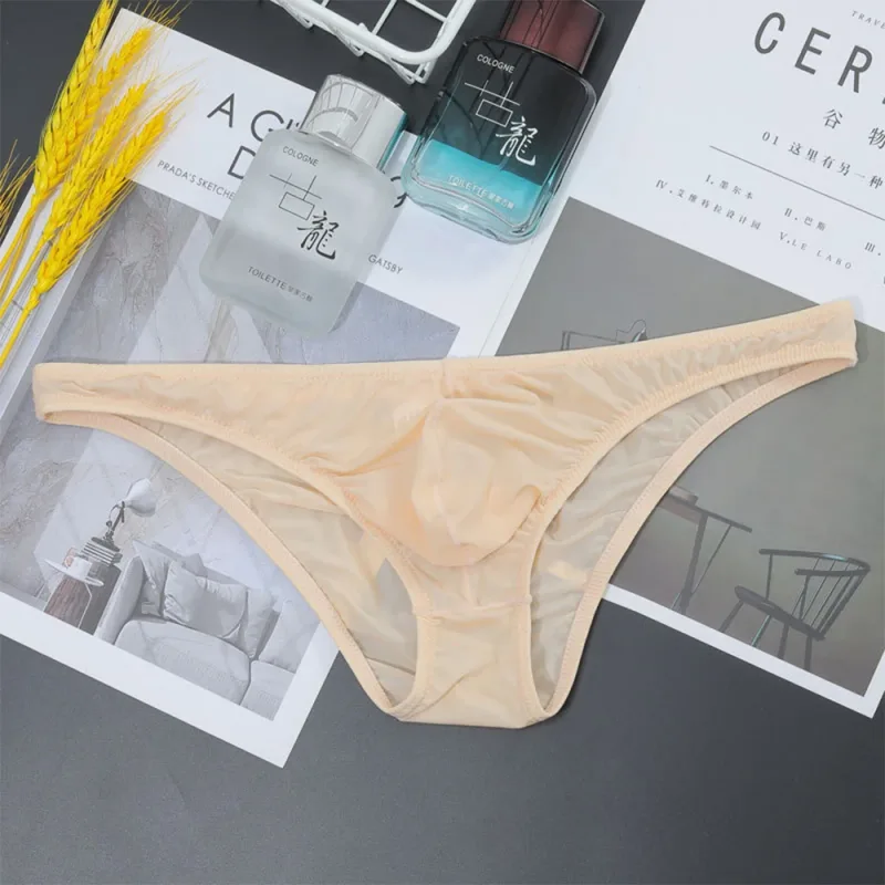 Mens Sexy Low-Waist Briefs Shorts See Through Pouch Underwear Ice Silk Underpant Bikinis Ultra Thin Panties Solid Comf Lingerie
