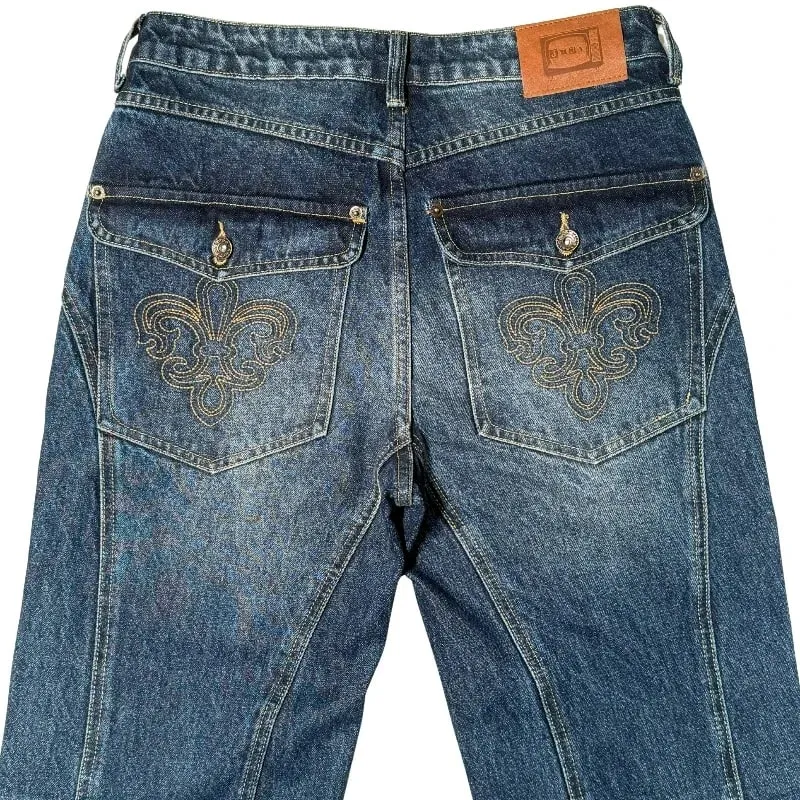 Y2K Vintage Flare Jeans Men Women Dark Wash Denim Pants Mid Waist Split Hem Embroidery Pocket Retro Streetwear Bootcut Trousers