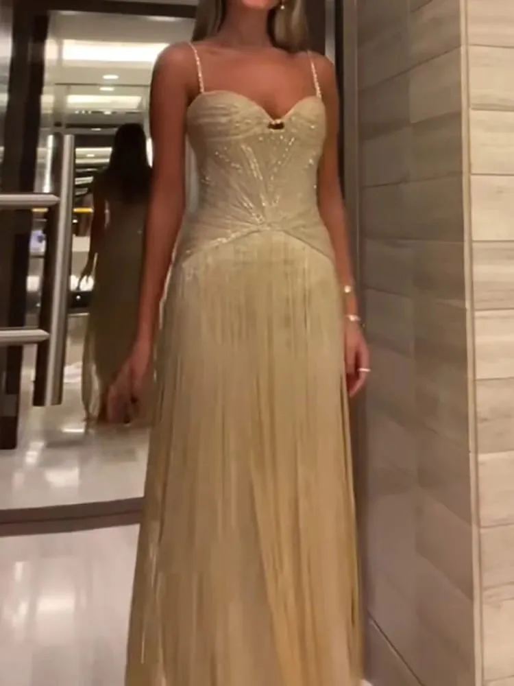Sexy Wrap Chest Sleeveless Hollow Tassel Dress Fashion Backless Slim Fit Evening Gown Shiny Sequined High Waist Women Long Dress