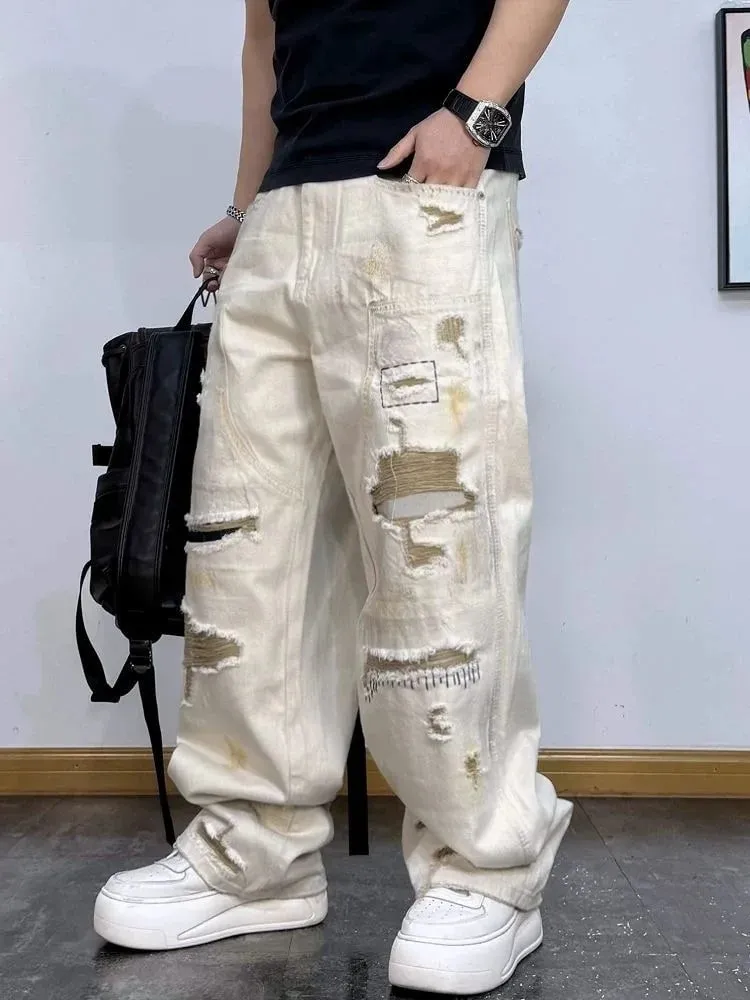 New Spring/Autumn Fashion Trendy American Style Straight Leg Stretch Ripped Jeans Men's Casual Loose Fit Sports Plus Size Jeans
