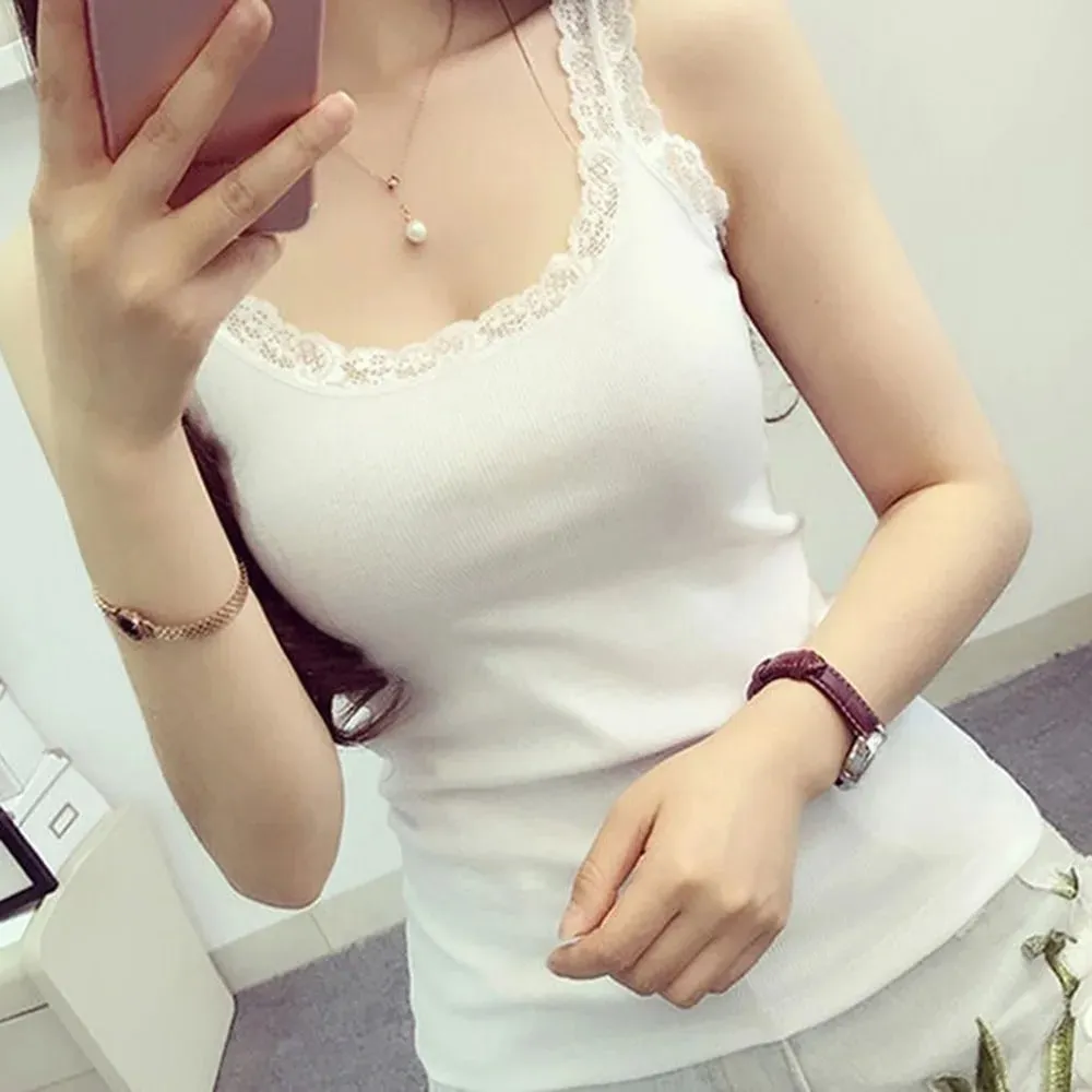 Casual U Neck Summer Tank Tops Slim Underwear Fitted Tops Camisoles Sleeveless Lace Top for Women