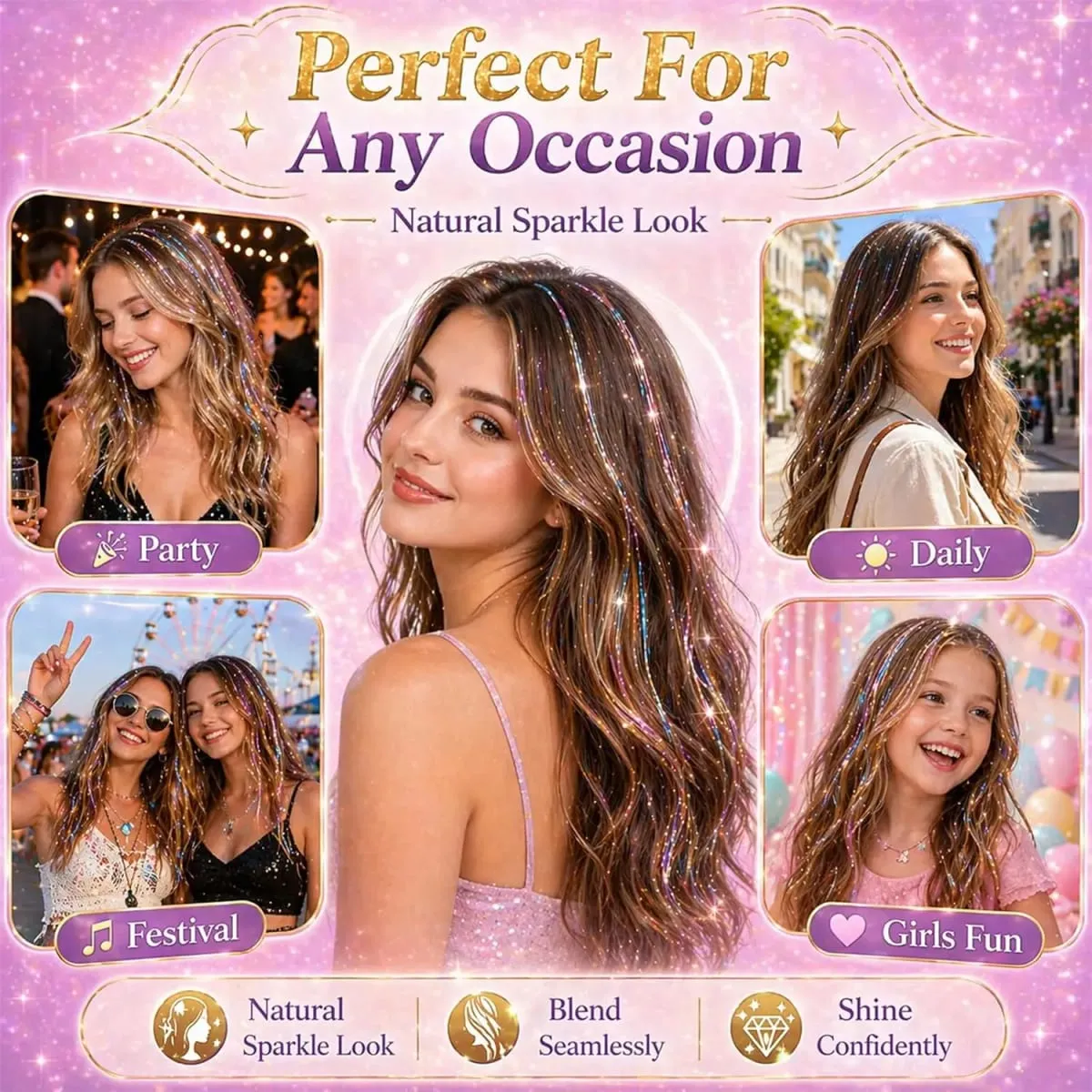 Balení 18 ks Nápadné doplňky do vlasů Rainbow Hair Tinsel Clip in Balíček 22palcových třpytivých pohádkových vlasů pro ženy, dívky