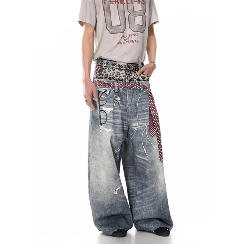 Men Blue Jeans Y2k Gyaru Punk Oversize 3D Print Denim Pants Vintage Hiphop Grunge Baggy Denim Trousers Alternative Clothes