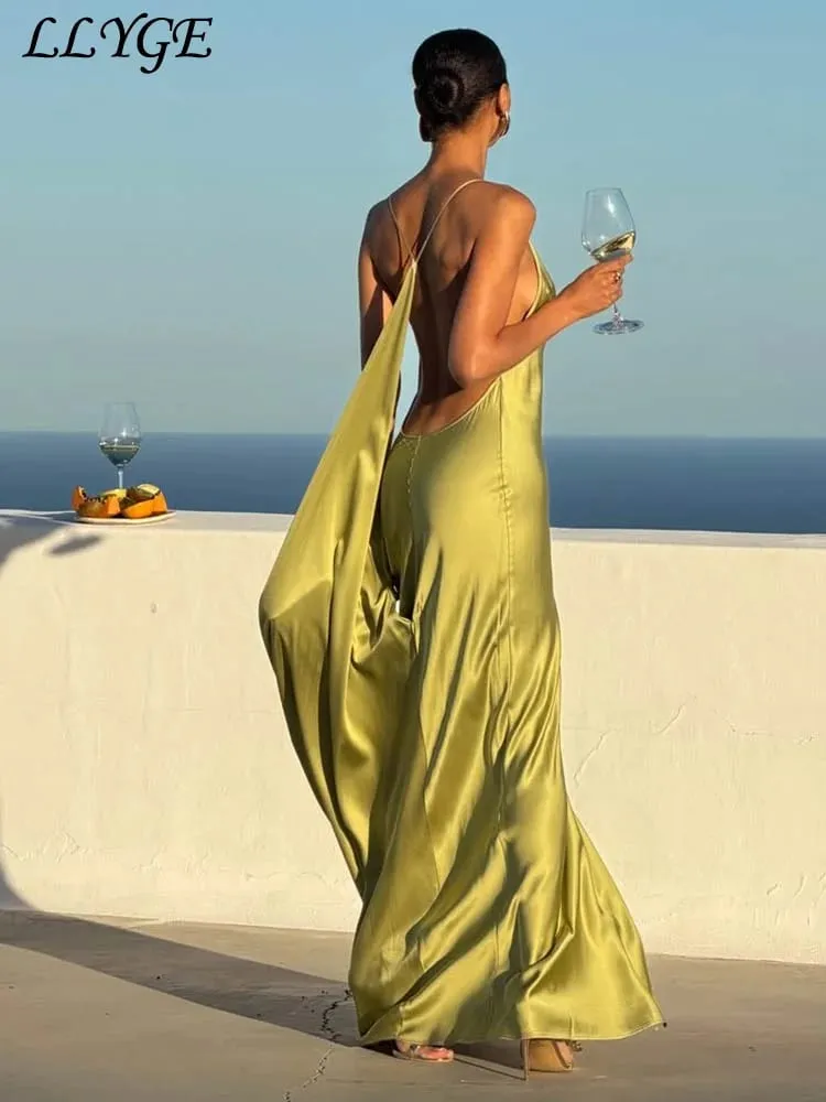 Elegant Satin Ribbon Backless Women's Long Dress Pleated V-neck Slit Beach Party Dresses 2026 Summer Lady Solid Evening Robes