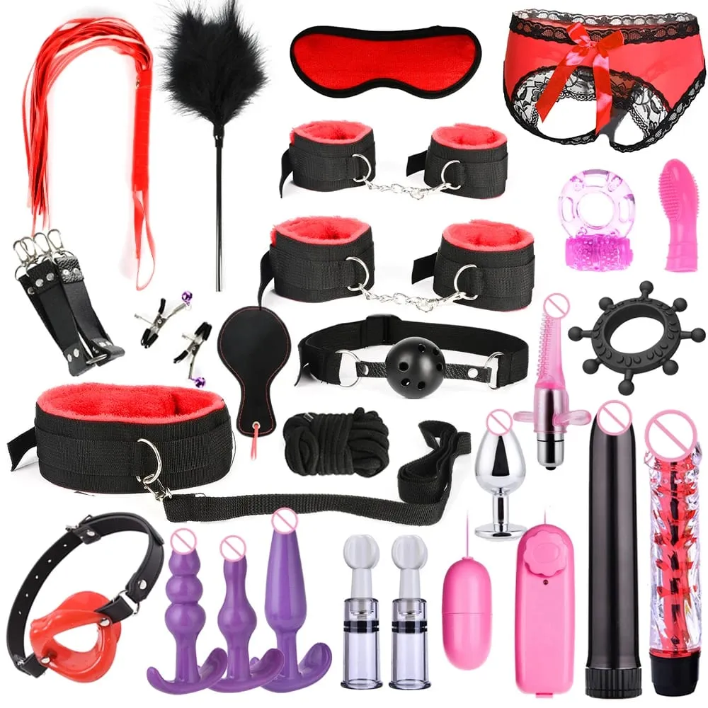 Adult Sex Toy Kits Sets for Sexy Games Bondage Mask Set Feather Handcuffs Ankle Cuff Restraints for Couple Sexual Aids 18+