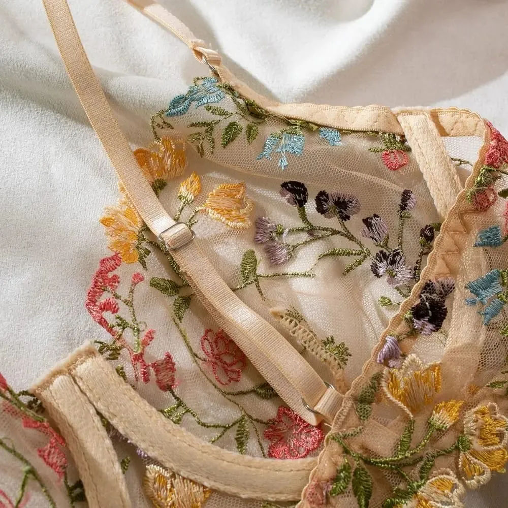 2-Piece Versatile Floral Lingerie Set Embroidery Sheer Women Underwear Boho Bra Panty Set — image 6