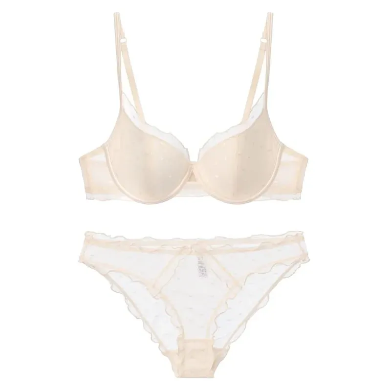 French Lace Women Underwear Sexy Hollow Thin Cup Push Up Bra Fashion Ladies Romantic Lingerie 4 Color Bras With Mesh Panties Set