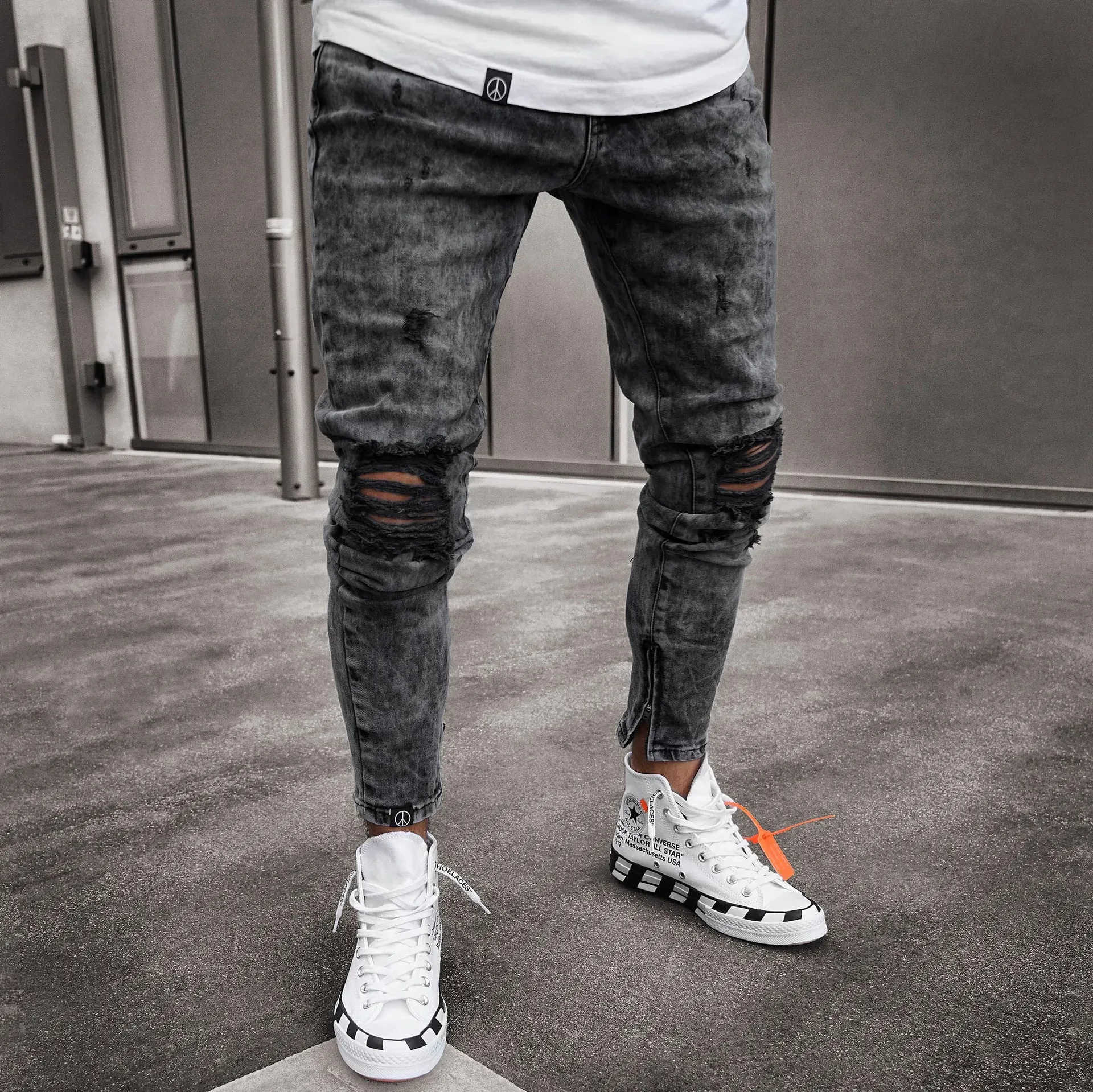 Denim Pant Men Jeans Vintage Pencil Pants High Waist Distressed Hole Skinny Trousers Zipper Hem Y2k Streetwear Splice Casual