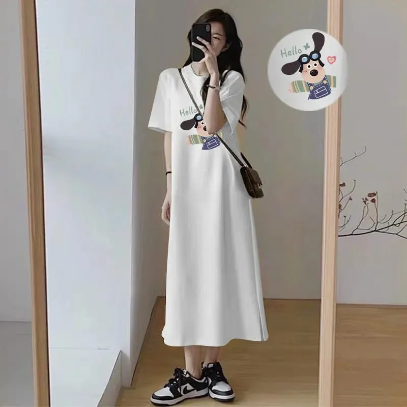Cute Cartoon Dog Print T-Shirt Dress Women Loose Short Sleeve Split Casual Midi Dress