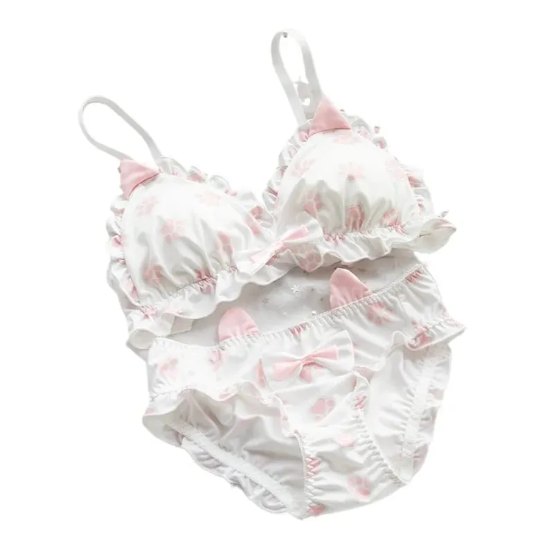 Japanese soft girl bra set cute kitten paw design milk silk fabric wire-free triangular cup women's lingerie — image 2