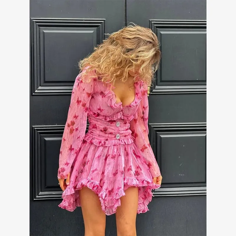 Deep V-neck Slim Short Dress Lady Casual Floral Print Long Puff Sleeve Ruched Hem Bodycon Dresses Women Party Vacation Gown