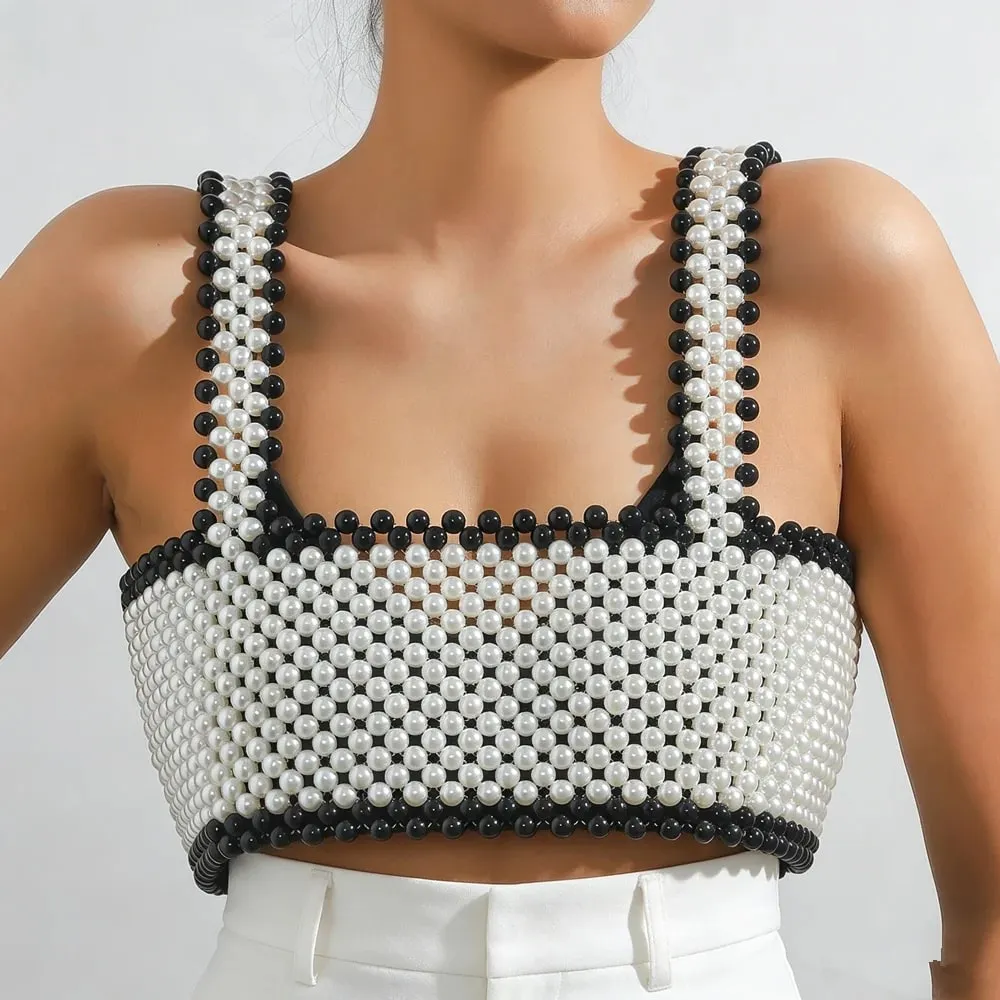 Sexy Women's Pearl Shoulder Bared Mesh Vest with Adjustable Ribbon Fashionable Sleeveless Summer Wear Ladies Pearl Top
