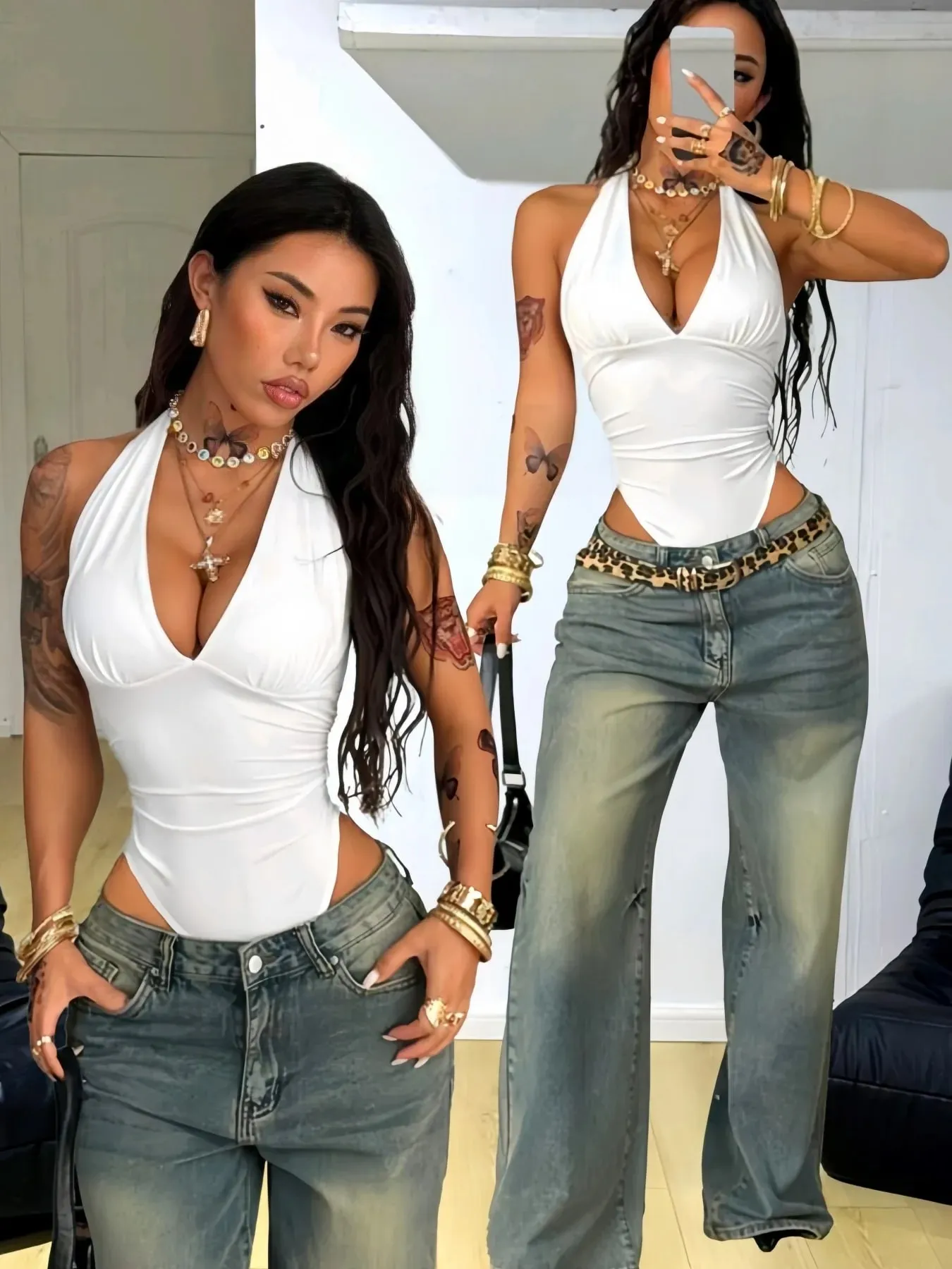 Women Halter Deep V Neck Ruched Slim Fit Sleeveless Bodysuit 2026 Summer Y2K Solid White Going Out Streetwear Jumpsuit Top