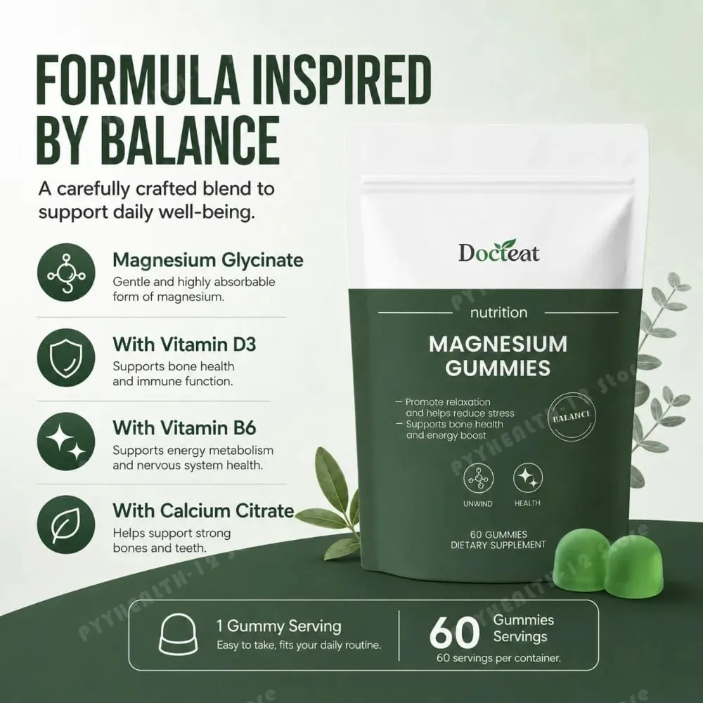 Docteat Magnesium Glycinate Gummies 500mg for Sleep & Stress Relief Bone Health with Vitamin D3 Calcium Citrate & B6 60 Count