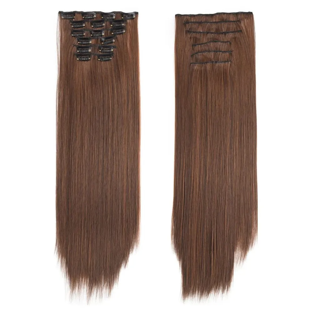 6PC Long Clip in Hair Extensions Brown Synthetic Straight Clip-in Hairpieces 24 inch Straight Hair Piece Extensions for Women