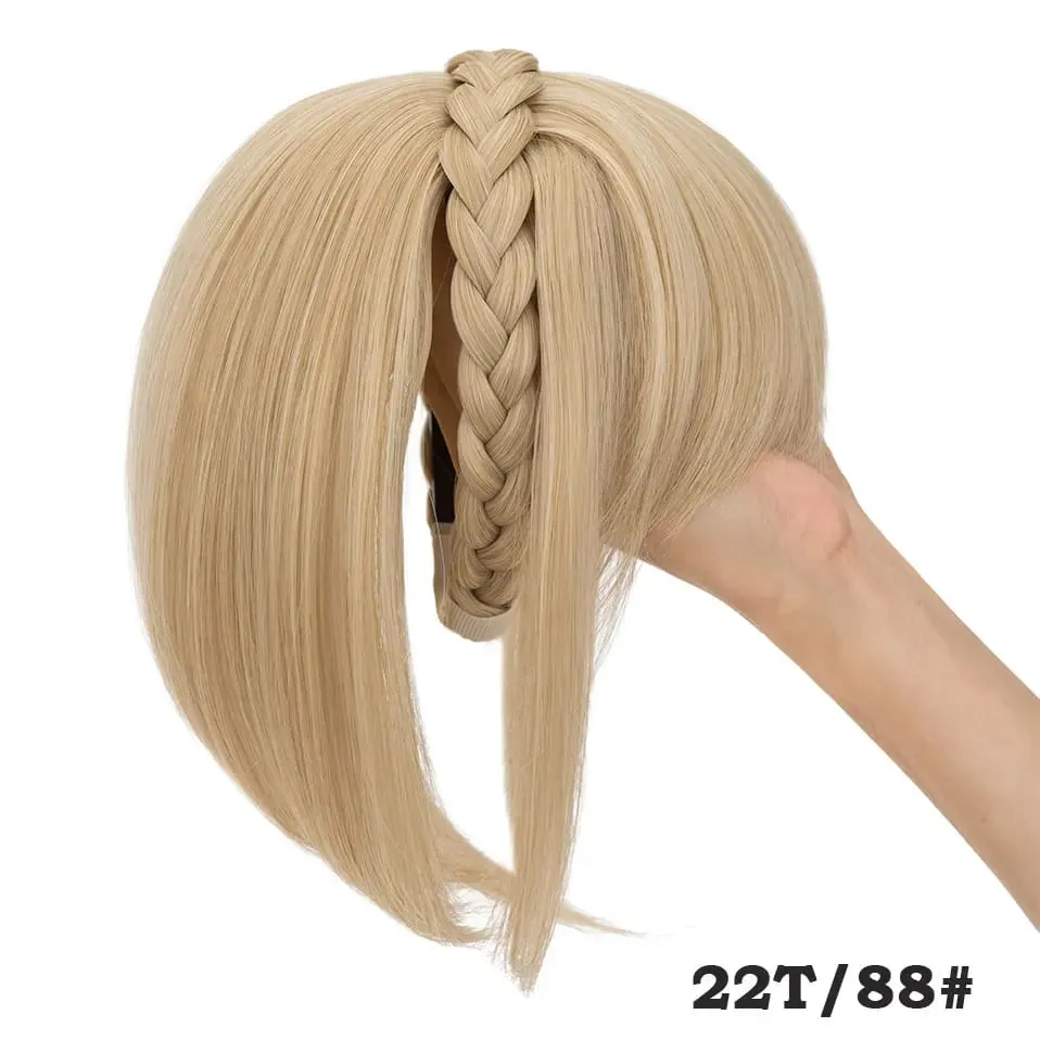 Snoilite 11'' Braided Headband with Clip-In Hair Topper With Bangs Natural Look Synthetic Straight Hair Extensions for Women 92g