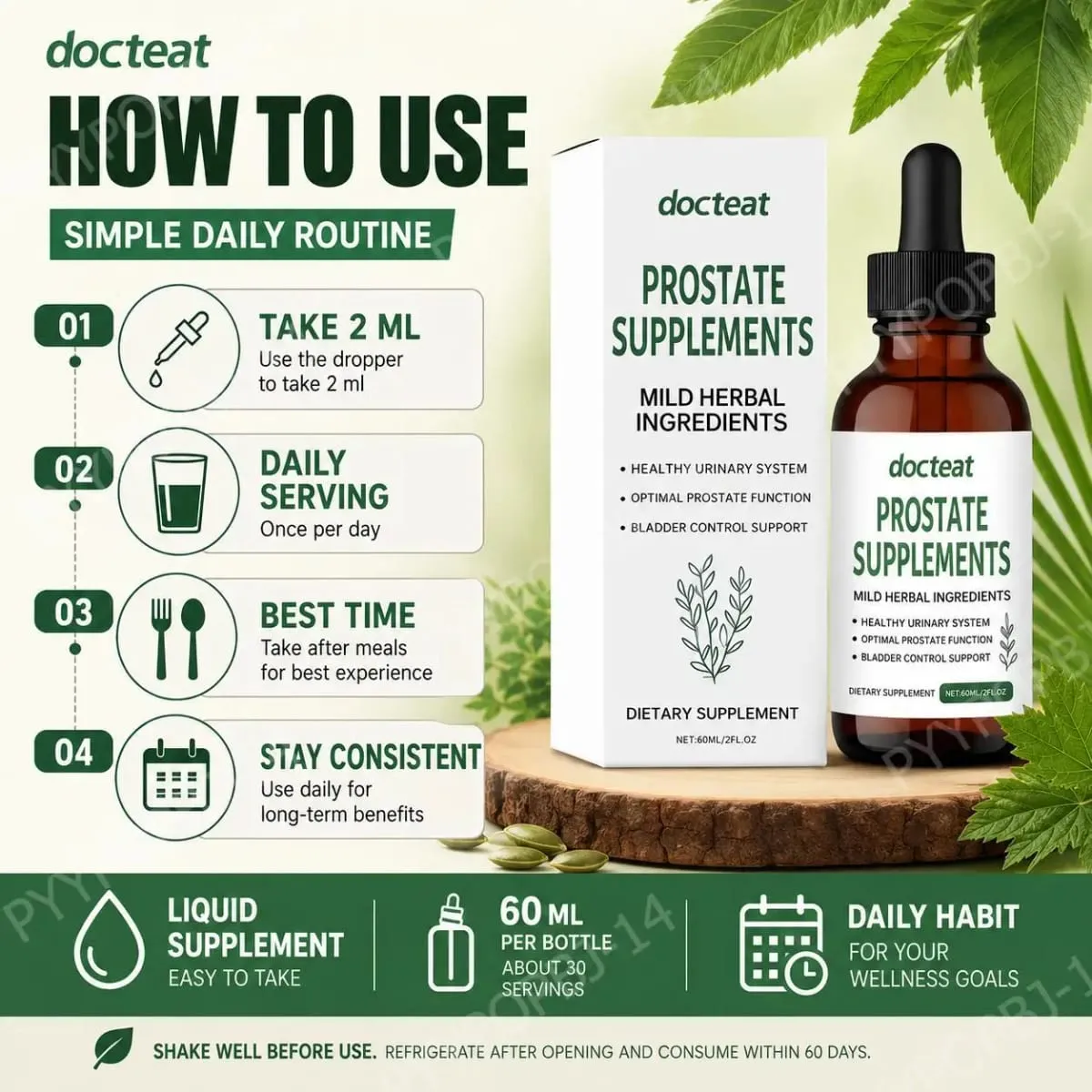 Docteat Prostate Health Supplement Liquid Drops 60ml with Saw Palmetto Extract Stinging Nettle Root Extract And Pumpkin Seed Ext