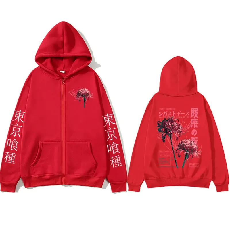 Anime Tokyo Ghoul Ken Kaneki Grunge Flower Japanese Spider Lily Zipper Hoodies Men's Zip Up Sweatshirts Long Sleeves Jacket Caot