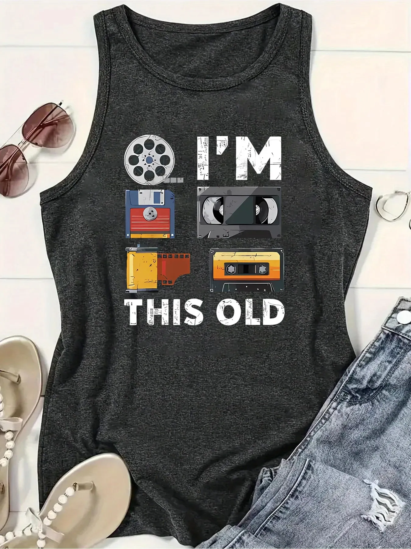 Women's Summer Sleeveless Tank Top Retro Film Tape Cassette "I'm This Old" Letter Print Nostalgic Movie Lover Casual Vest