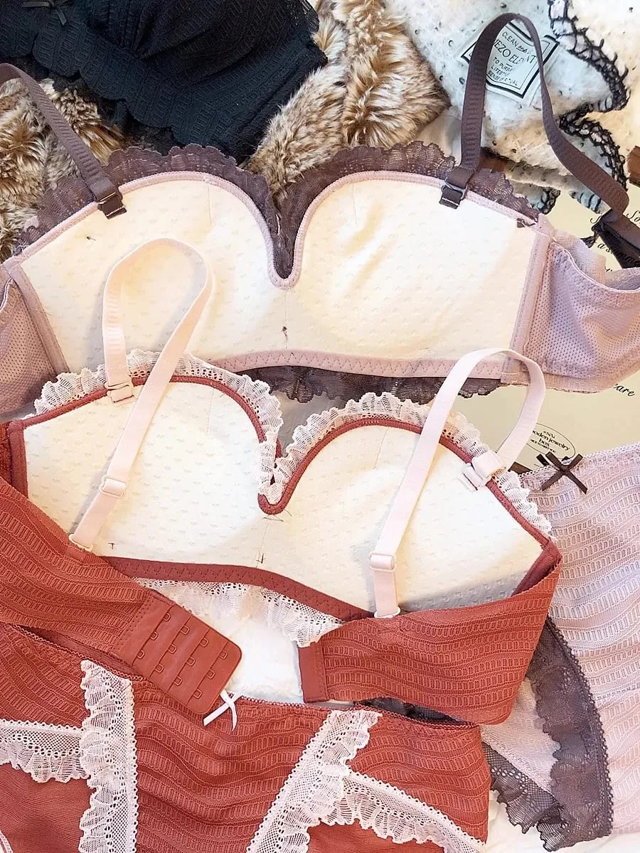 Söt kontrastfärg Spets tunna underkläder för unga flickor Intimates One-Piece Sömlös liten BH och trosset Bomullsunderkläder