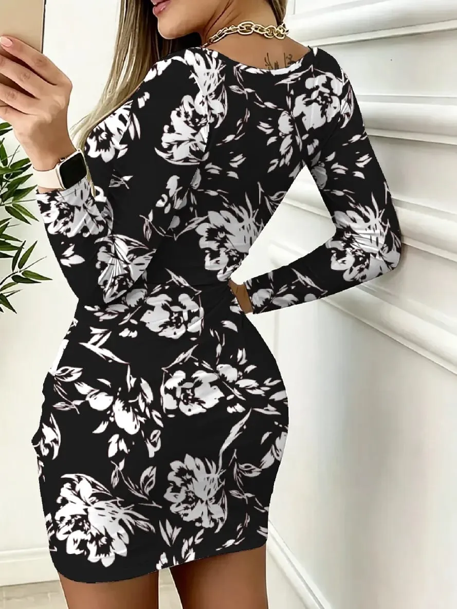 Women's Casual Long-Sleeved Floral Print Dress Autumn Waist Cinching Mini Skirt Length with Pockets round Neck