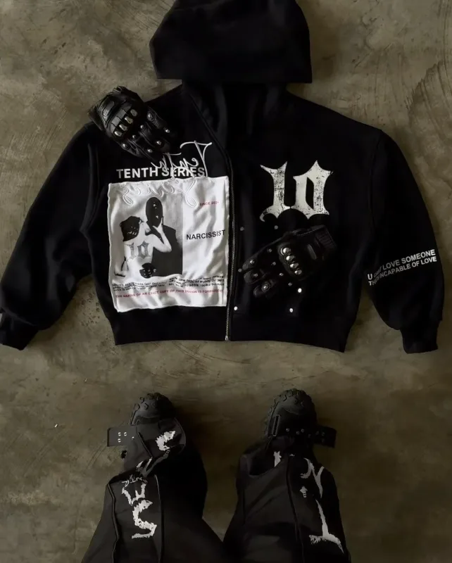 Black Gothic Zip Up Hoodies Retro Hip Hop Graphic Patchwork Hoodie Y2k Men Women Punk Patch Harajuku Jacket Clothing