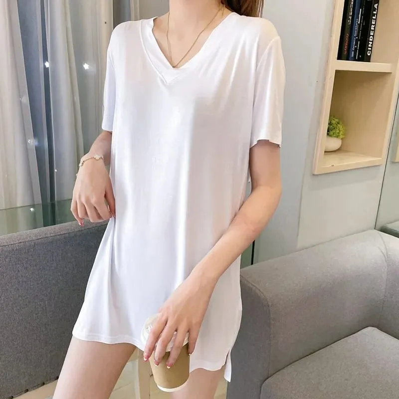 Loose Modal Short Sleeve V-Neck Midi Dress Thin Home Clothes Sleepwear Women's Base Skirt Comfortable plus Size Casual Style