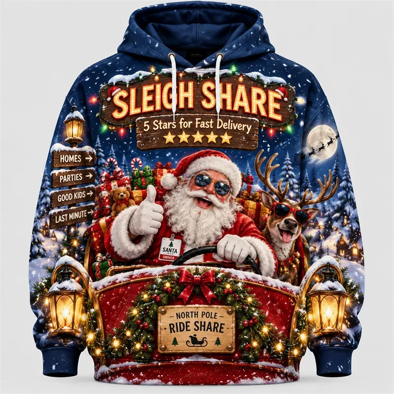 Funny Santa Christmas Hoodie 3D Print Karaoke Sleigh Repair Laundry Snack Holiday Party Pullover Winter Streetwear Gift