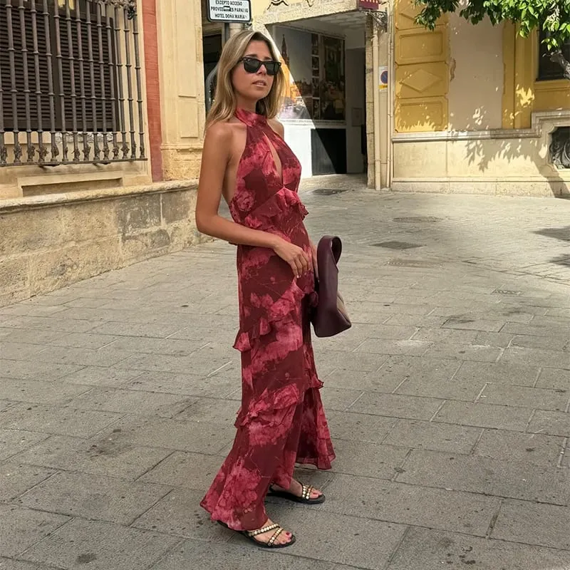 Casual Printed Ruffle Sling Dress Women Sleeveless Backless Slip Long A-line Female Dresses 2026 Summer Holidays Lady Robe