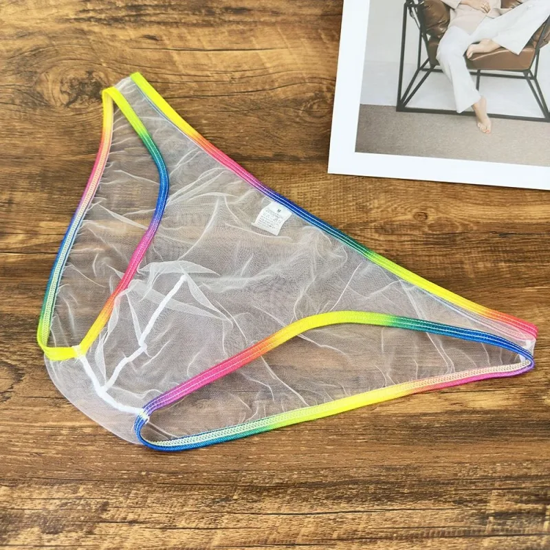 Cuecas masculinas coloridas de cintura baixa u convexa, cuecas de gaze sexy ultrafinas de malha pura transparente