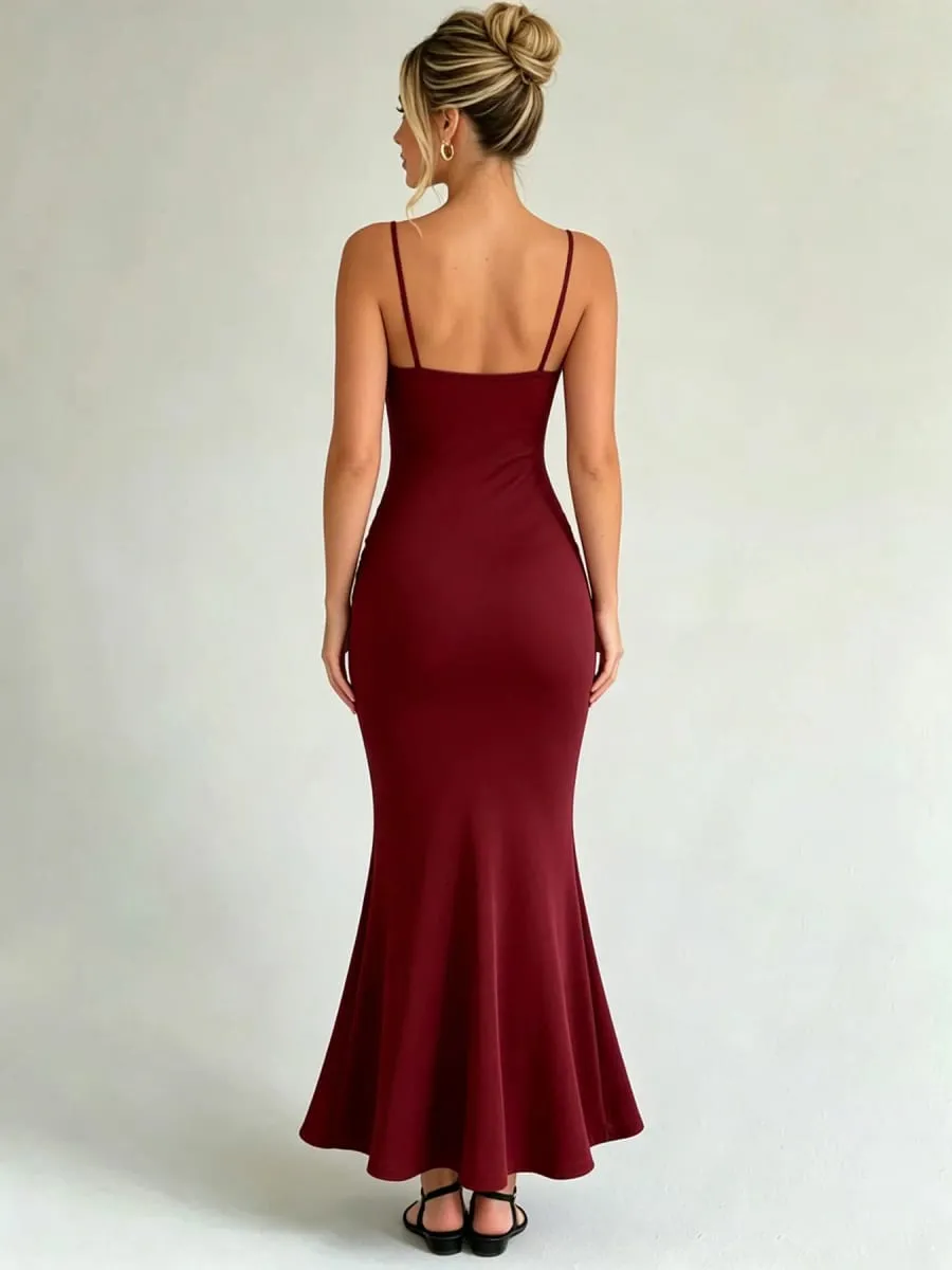 Women Spaghetti Strap Ruched Mermaid Maxi Dress Square Neck Bodycon Elegant Evening Party Long Dress