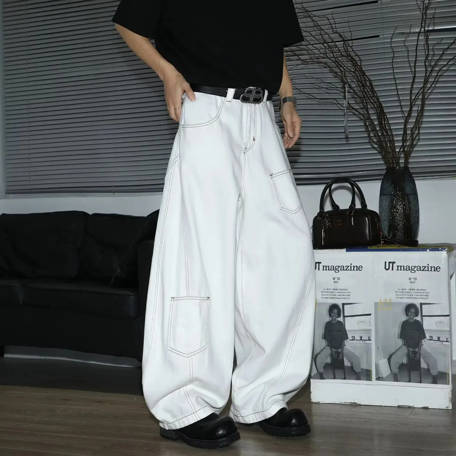 Y2K Men's Jeans White High-Waisted Wide-Leg Denim Pants Retro Baggy Style Fashion Loose Fit Casual Denim Trousers Streetwear