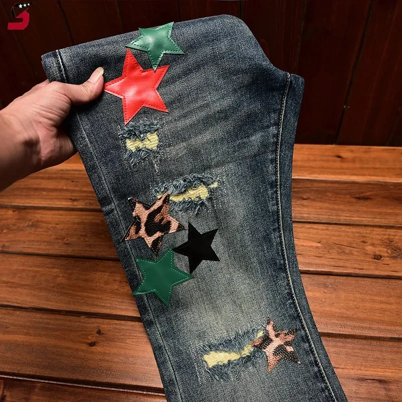 High Street Fashion Jeans Panlalaking Taglagas at Taglamig na Butas at Patch ng Damit Personality Star Patch Slim Fit Skinny Stretch Pants