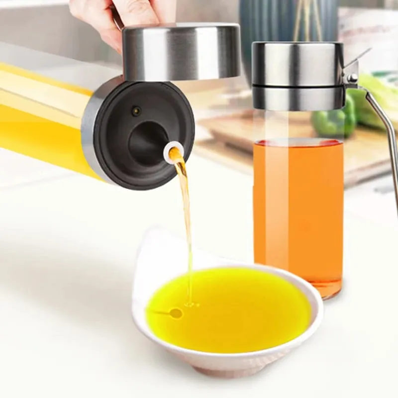 Leakproof High Borosilie Glass Oil Bottle with Stainless Steel 304 Cap Kitchen Soy Sauce Vinegar Seasoning Jug No Oil Stain
