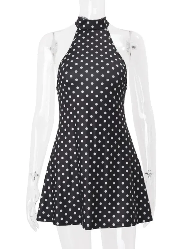 Chic sem costas polka dot halter vestido feminino sem mangas fora do ombro rendas até mini vestidos 2026 verão senhora festa de férias robe