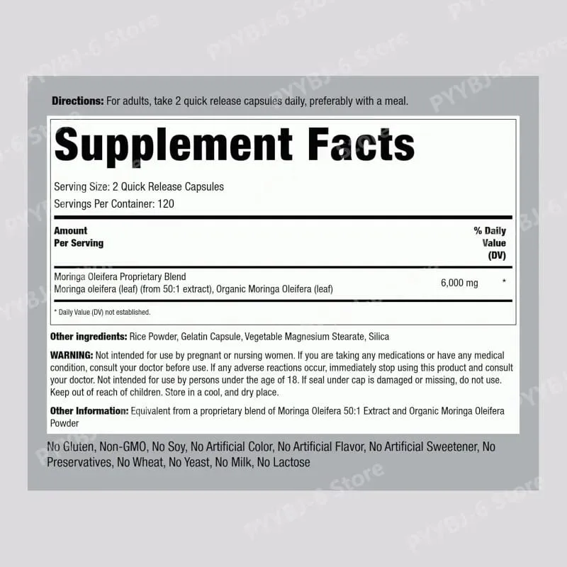 Moringa Oleifera Supplement 6000mg Concentrated Leaf Extract Supports Overall Health & Wellness Non-GMO 240 Capsules for adult